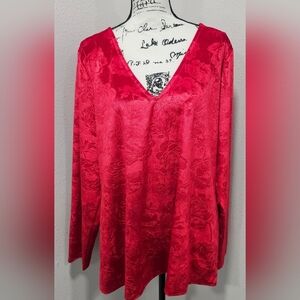 Lane Bryant Women's 22/24 Velvet Red Floral Long Sleeve V Neck Blouse Romantic